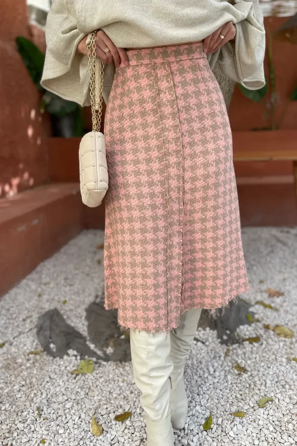 Φούστα Μίντι Τουιντ - Ρόζ/Καφέ