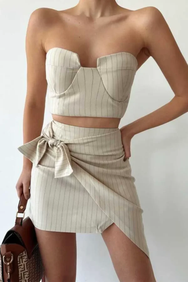 Vivie  Ριγέ Σετ Φούστα Τοπ - Μπεζ