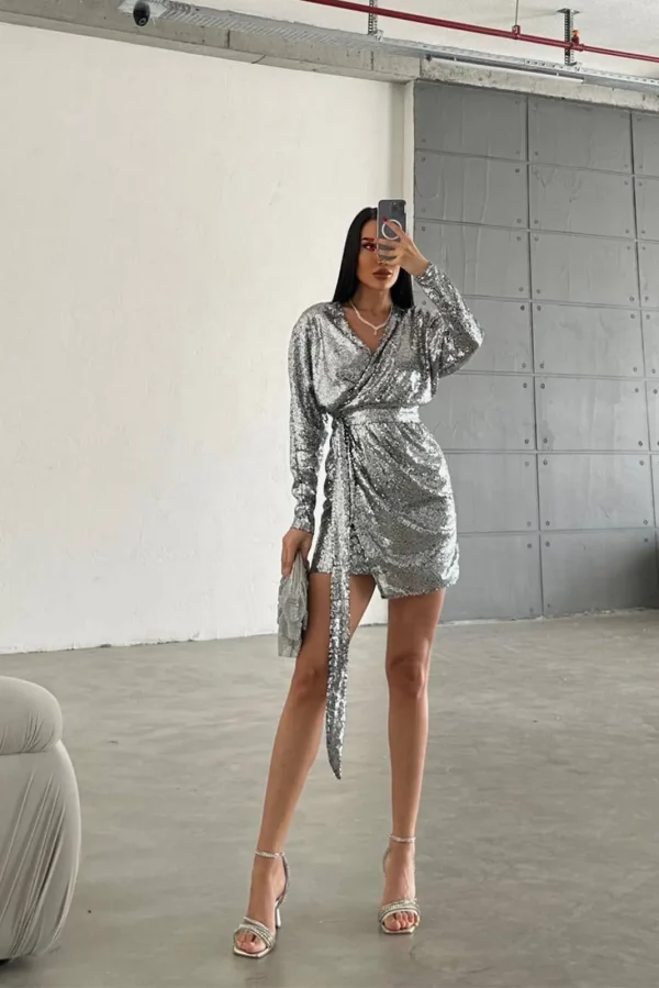 Irida Κοντό Φόρεμα Παγιέτα με Ζώνη- Ασημί