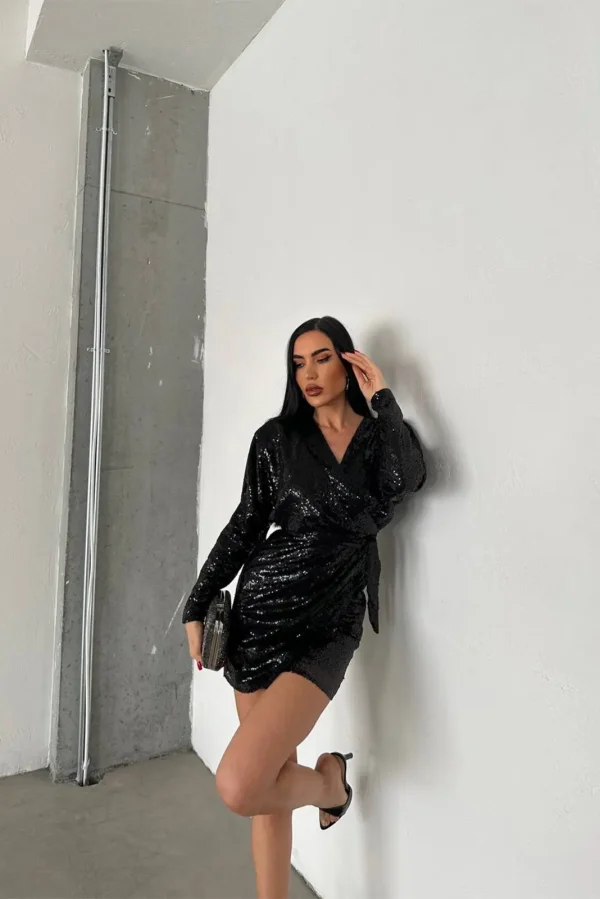 Irida Κοντό Φόρεμα Παγιέτα με Ζώνη - Μαύρο