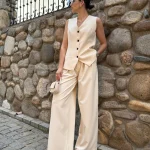 Σετ Γιλέκο και Παντελόνα με Πιέτες - Εκρού