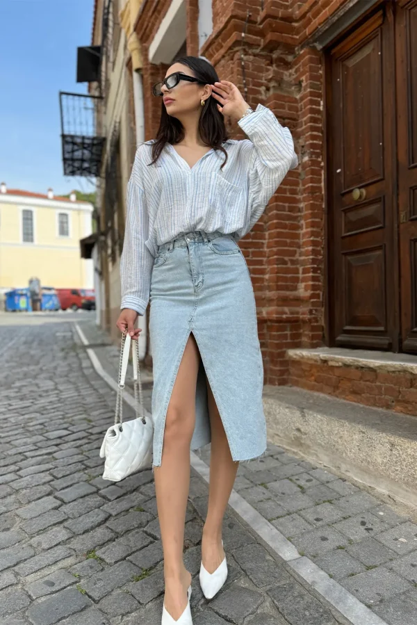 Τζιν Φούστα με Σκίσιμο - Μπλε