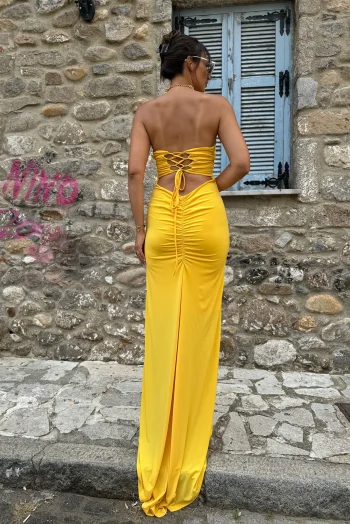 Strappless Maxi Φόρεμα με Χιαστί Κορδόνια στη Πλάτη - Κίτρινο