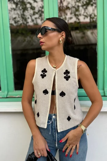 Λινό Γιλέκο με Κέντημα - Μπεζ