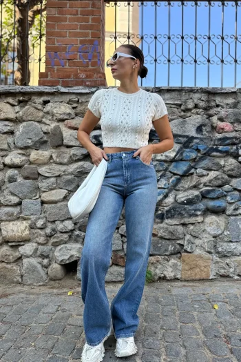 Πουλόβερ Κροπ με Διαμάντια - Λευκό