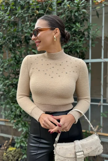 Amor Μπλούζα με Τεχνητά Διαμάντια - Μπεζ