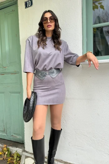 Σουέτ Φόρεμα με Ζώνη - Γκρί