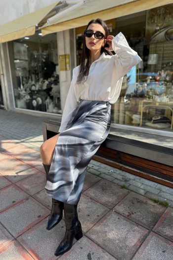 Σατέν Φούστα Εμπριμέ με Σκίσιμο - Γκρί Μπλε