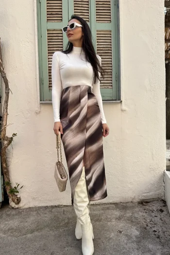 Σατέν Φούστα Εμπριμέ με Σκίσιμο - Λαδί