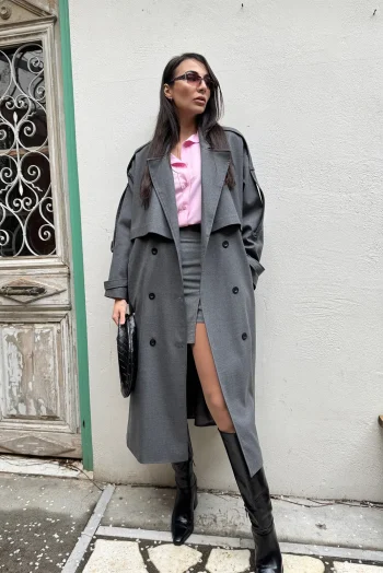 Premium Trench Coat με Κουμπιά και Ζώνη - Ανθρακί