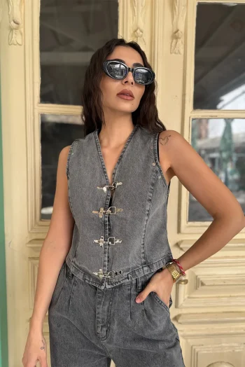 Vintage Denim Γιλέκο με Αγκράφες  - Γκρι