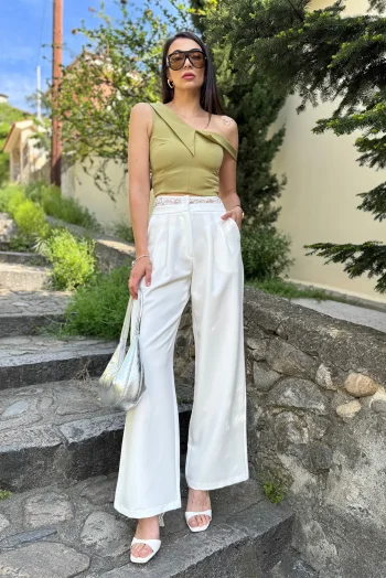 Υφασμάτινο Παντελόνι με Δαντέλα Λεπτομέρεια  στη Μέση - Λευκό