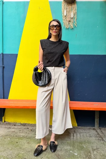 Υφασμάτινο Παντελόνι Ζιπ Κιλότ με Πιέτες - Μπεζ