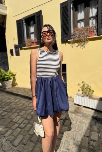 Mini Ριγέ Φόρεμα Balloon με Χοντρή Τιράντα - Μπλέ