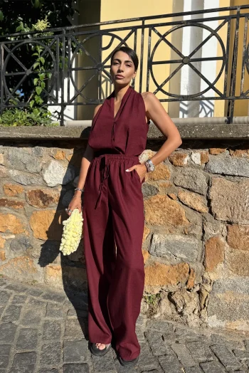 Λινό Σετ Παντελόνι Μπλούζα - Μπορντό