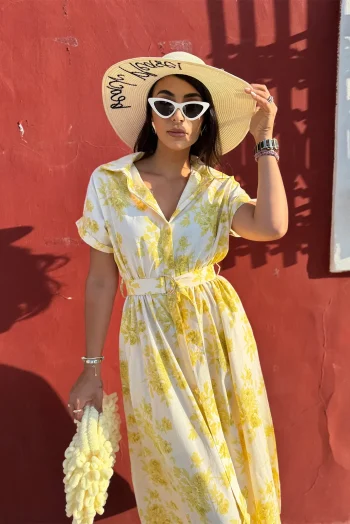 Φλοράλ Φόρεμα με Ζώνη και Κουμπιά - Κίτρινο