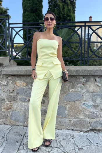 Sunrise Υφασμάτινο Σετ Παντελόνι Στράπλες Γιλέκο - Κίτρινο