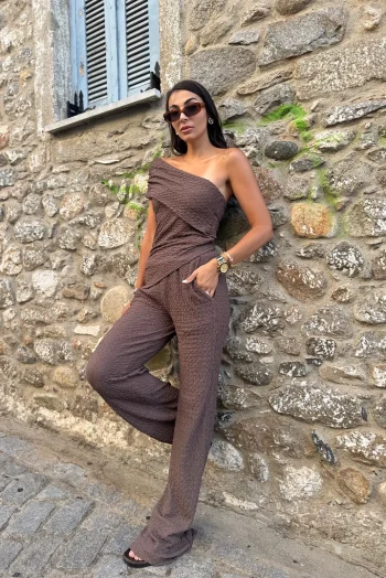 Adria Γκοφρέ Σετ Μπλούζα Παντελόνι - Καφέ