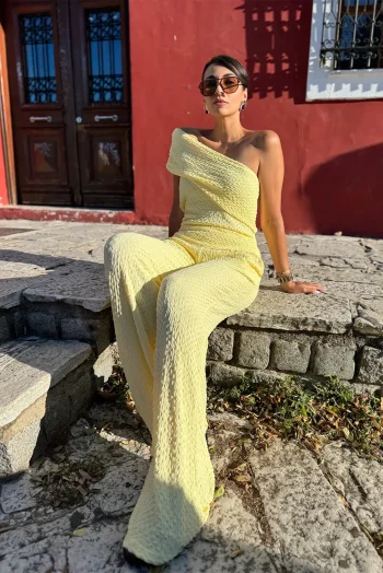 Adria Γκοφρέ Σετ Μπλούζα Παντελόνι - Κίτρινο