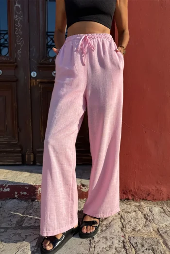 Λινό Παντελόνι με Λάστιχο - Ροζ