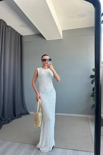 Maxi Πλεκτό Φόρεμα - Λευκό