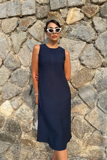 Λινό Αμάνικο Φόρεμα - Σκούρο Μπλε
