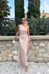 Maxi Φόρεμα με Έναν Ώμο - Μπεζ Σκούρο