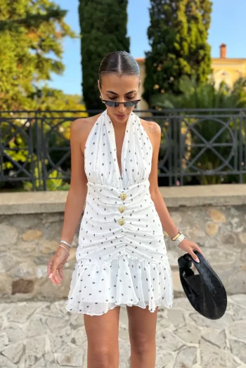 Mini Πουά Φόρεμα με Αξεσουάρ - Λευκό