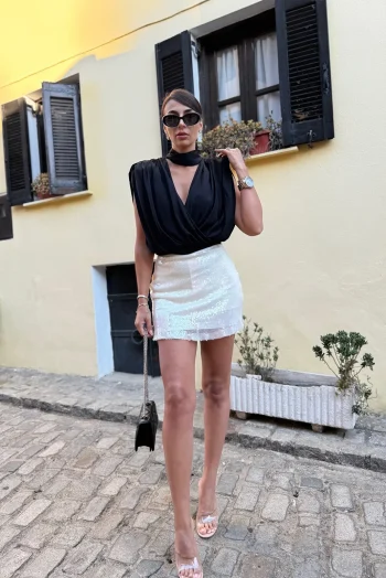 Mini Φούστα Παγιέτα με Ενσωματωμένο Σορτς - Εκρού