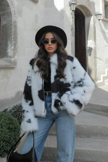 Cow Print Συνθετική Γούνα με Φερμουάρ - Μαύρο