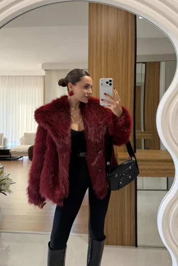 Παλτό από Συνθετική Γούνα - Burgundy