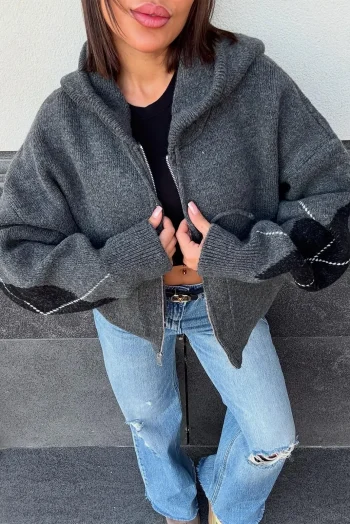 Πλεκτή Ζακέτα με Κουκούλα - Γκρι