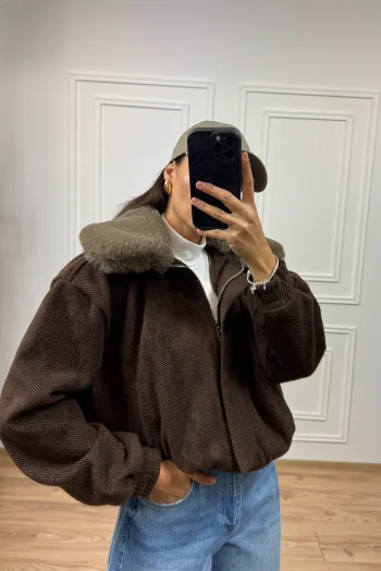 Μαλακό Bomber Μπουφάν με Γιακά Γούνα - Καφέ