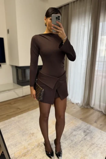 Σετ Φόρεμα με Φούστα - Καφέ