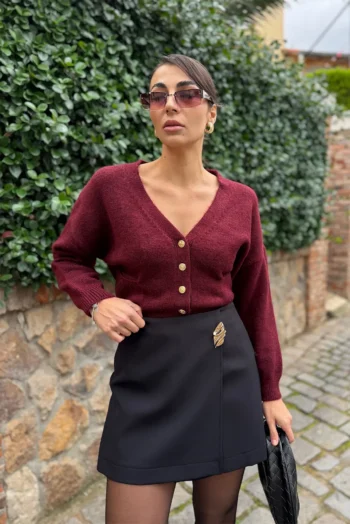 Πλεκτή Ζακέτα με Χρυσά Κουμπιά - Μπορντό