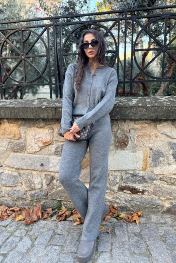 Πλεκτό Σετ Ζακέτα Παντελόνι - Σκούρο Γκρι