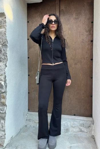 Αθλητικό Σετ Ζακέτα κ Κολάν Flare - Μαύρο