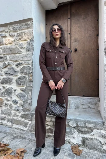 Denim Ολόσωμη Φόρμα με Ζώνη - Καφέ