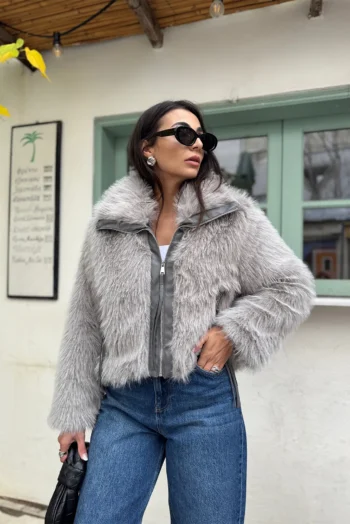 Μπουφάν από Συνθετική Γούνα με Δερμάτινες Λεπτομέρειες - Γκρί