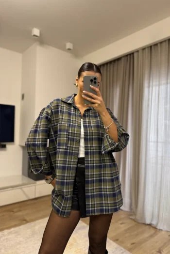 Καρό Oversized Πουκάμισο - Χακί / Μπλε