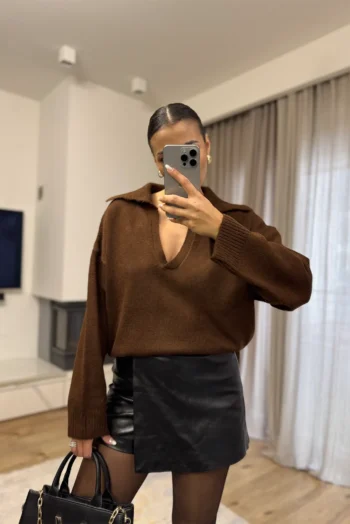 Πουλόβερ με Polo Γιακά - Καφέ