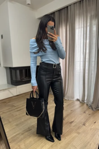 Καμπάνα Παντελόνι Δερματίνη με Ζώνη - Μαύρο