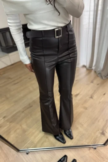 Καμπάνα Παντελόνι Δερματίνη με Ζώνη - Καφέ