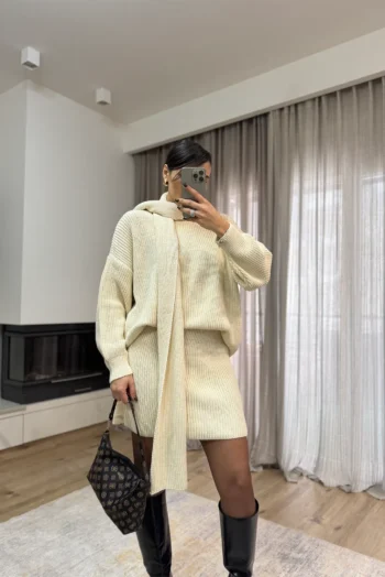 3 Pieces Σετ Φούστα Πουλόβερ κ Κασκόλ - Εκρού