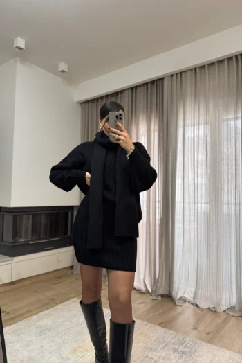 3 Pieces Σετ Φούστα Πουλόβερ κ Κασκόλ - Μαύρο