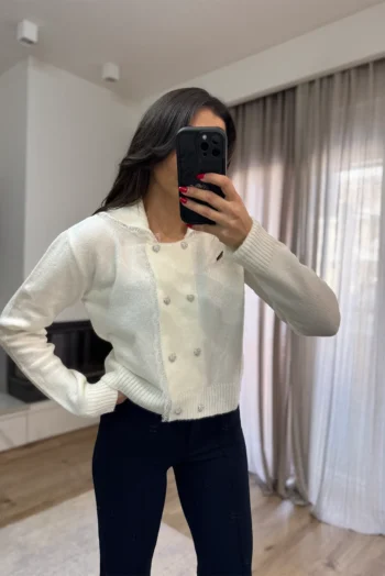 Πλεκτή Ζακέτα με Κουμπιά κ Λεπτομέρειες από Δαντέλα - Λευκό