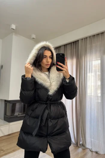 Μπουφάν από Συνθετική Γούνα στο Γιακά κ Κουκούλα - Μαύρο