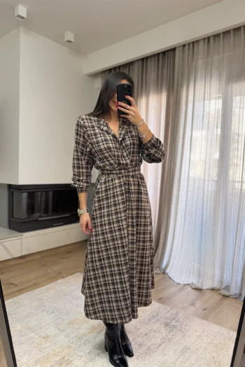 Maxi Καρό Φόρεμα με Ζώνη - Καφέ κ Μπεζ