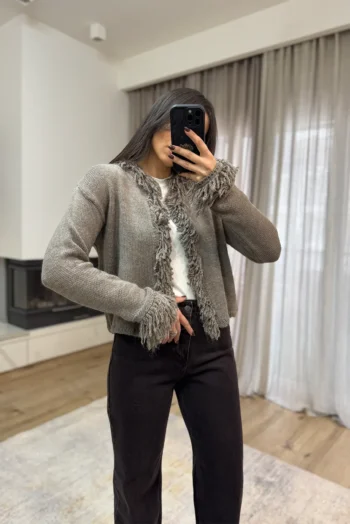 Πλεκτή Ζακέτα με Κρόσσια - Μόκα