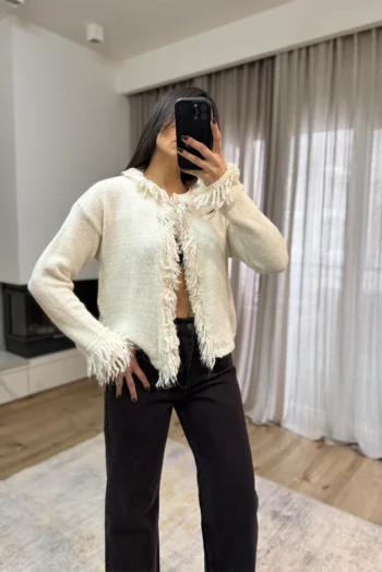 Πλεκτή Ζακέτα με Κρόσσια - Εκρού